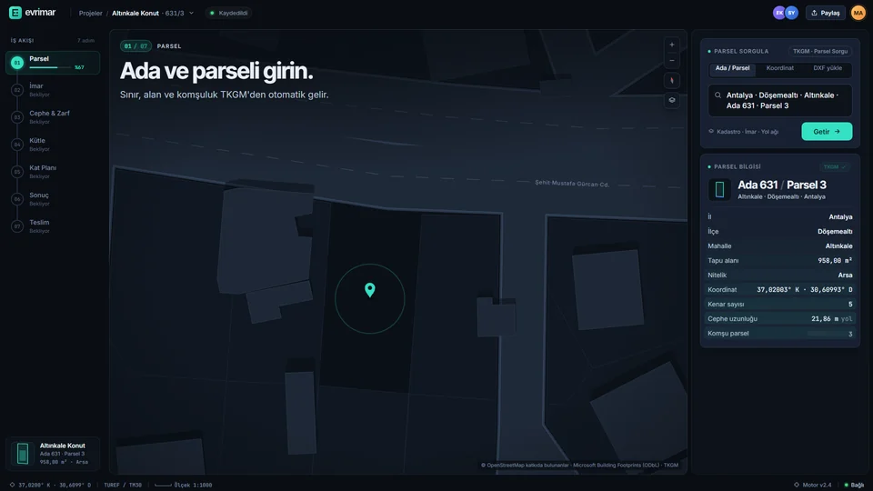 Parsel ekranı: koyu harita üzerinde Altınkale ada 631 parsel 3 işaretli; sağ panelde il, ilçe, mahalle, tapu alanı 958,00 m² ve koordinatlar.